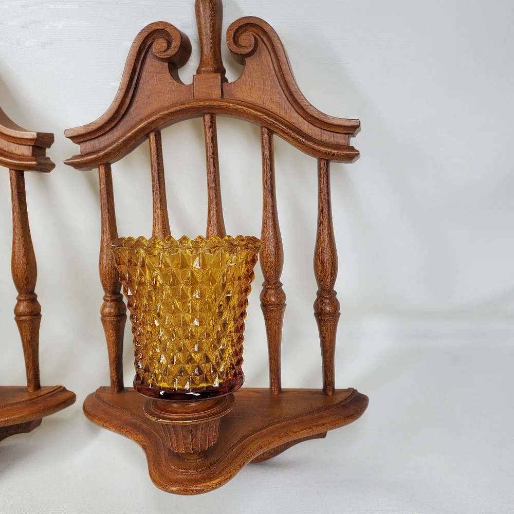 2 Vintage Mid Century 1974 Homco Candle Wall Sconces Amber Diamond Glass Votive.